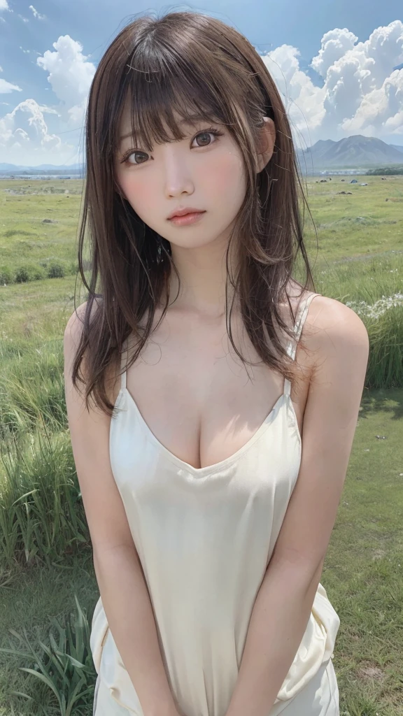 (8k, RAW Photo, Best Quality, Masterpiece: 1.3), breakone girl, (a beauty girl, delicate girl:1.3), (21 years old:1.5), break, (Simple summer clothes), break, Extremely fine grain definition, (Symmetrical eyes:1.3), break, Small breasts, Brown eyes, Parted bangs, brown hair, girl, break, (Eye and facial details:1.3),break,smile, (In the grasslands of Hokkaido:1.3),