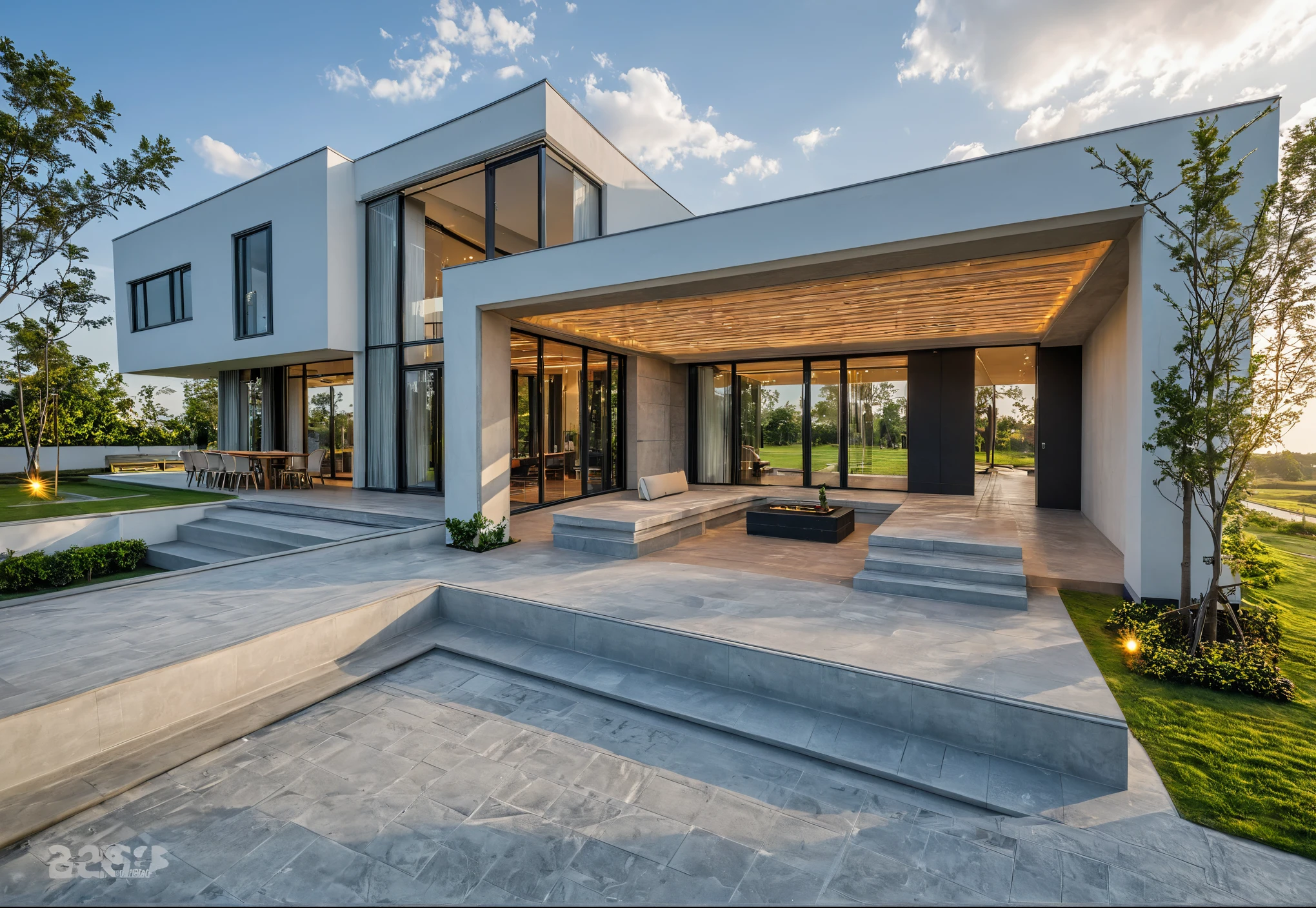 Masterpiece, high quality, best quality, authentic, super detail, outdoors, onestoreyvillaXL, aiaigroup, house style modern on the street ,stairs, white wall ,road,pavement, grass, trees, sky, cloud, (daylight:1.1)