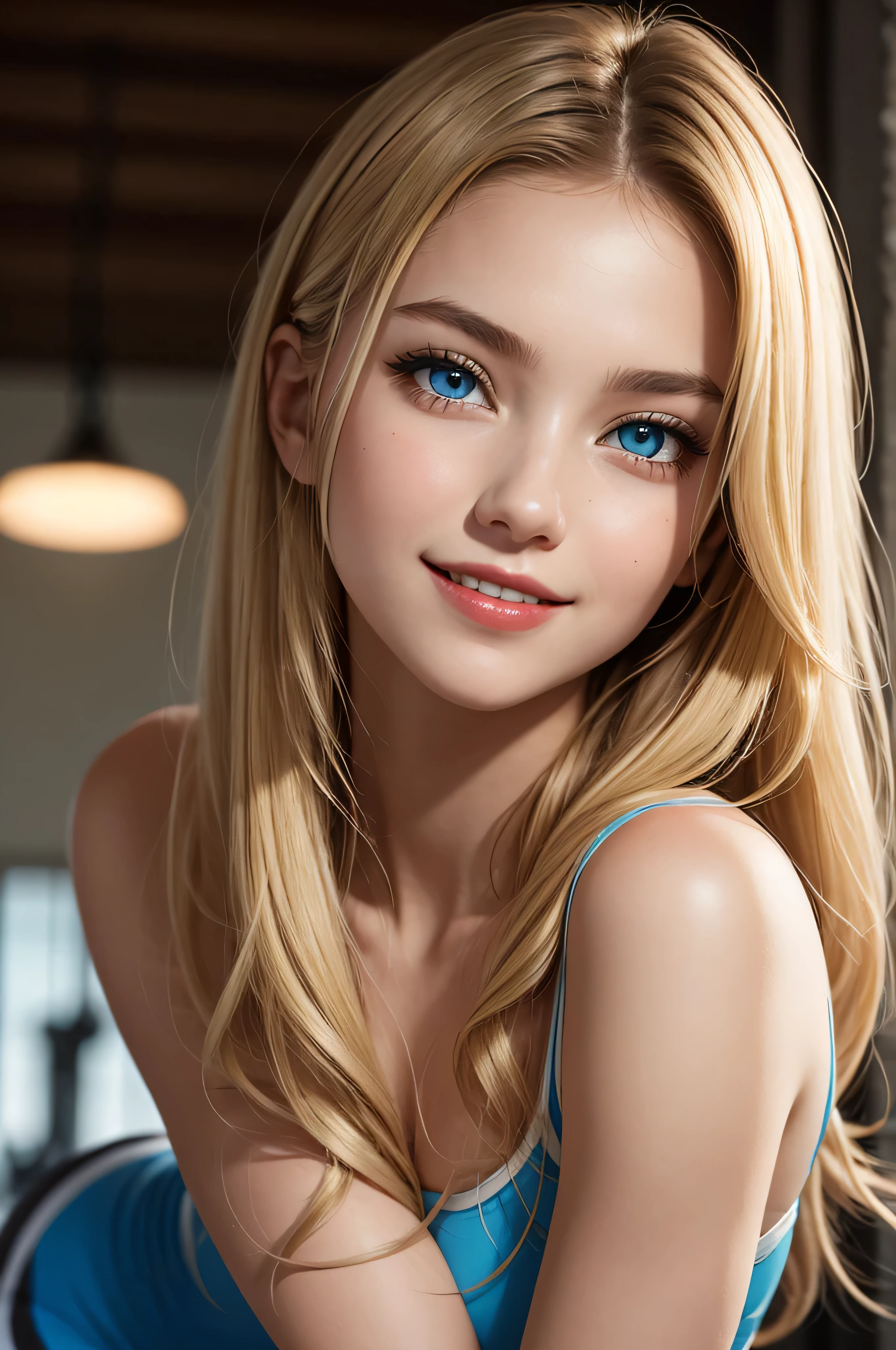 gorgeous picture of 1blonde 18 years old russian girl, beautiful big striking blue eyes, delicate black eyebrows, rosy cheeks, red lips, smiling face very white skin, long wavy golden hair cascading around her face and shoulders, detailed eyelashes, photorealistic style, perfectly focused, creamy smooth complexion, beautifully lit by soft diffused studio lights, extremely fine details, finely textured skin and hair full head to toe photo wearing sport leggings at gym