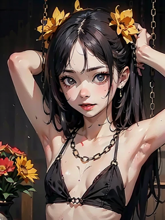 ((Background made up of chains and flowers))、scribble, nightmare, doll-like face, Manga style, rough sketch, Horror elements, (masterpiece), (High resolution), (Very delicate), (clear), Manga style illustration, (drawing style), Japanese painting, My whole body is scary, (spooky), Japan sculpture,crazy illustration, Flat Illustration, spookyな外観, Characteristic hairstyle, Unique atmosphere、Small eyes、(Flat Chest), ((Muddy hair)),Chains wrapped around the body、(Stitched Body))、Open your arms,Skin full of stitches,restrained by thick chains、Colorful clown costumes、knifeを持っている、knife