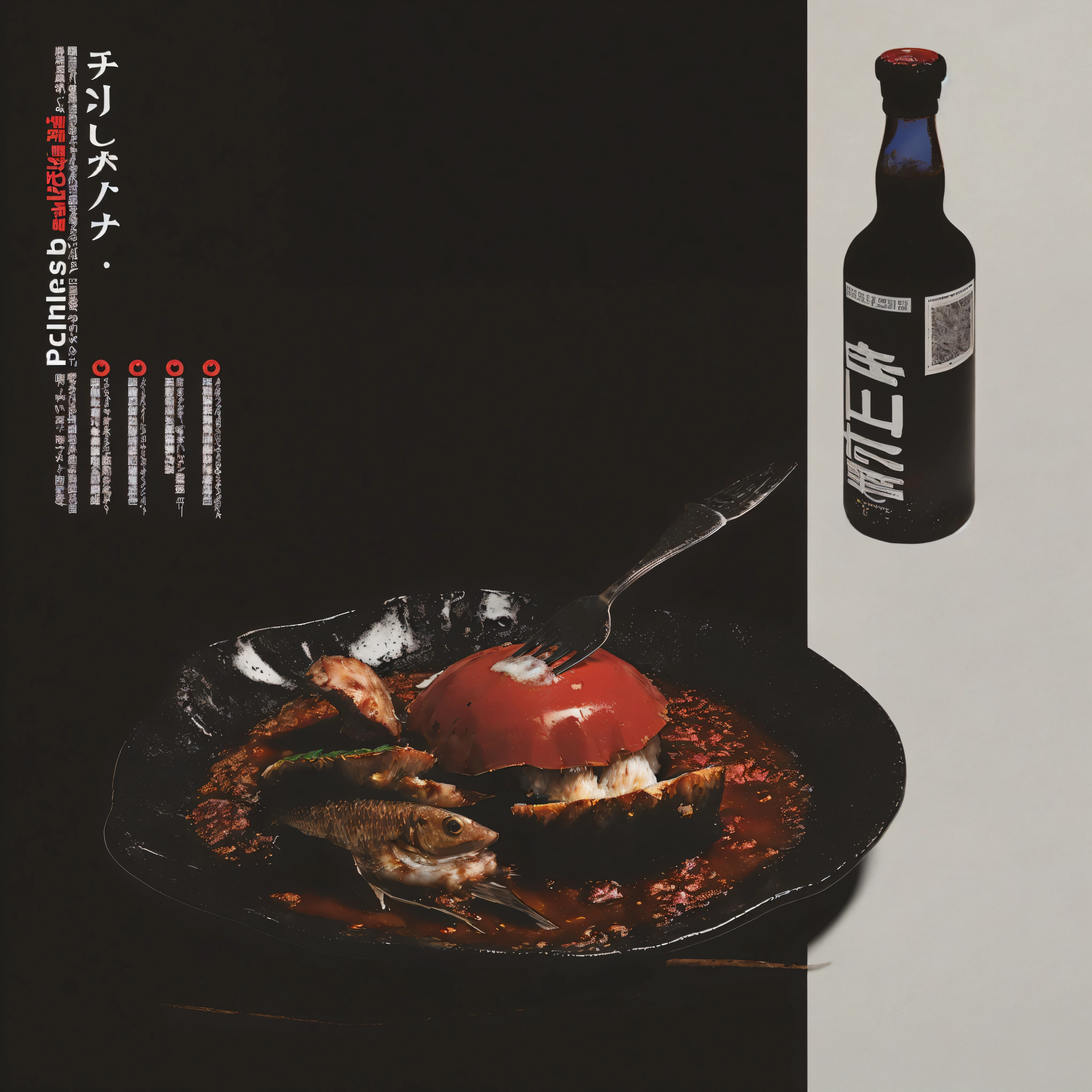 d for beer, dark background with japanese text on the left side of page, black plate filled food and tomato sauce in center, fork stuck into red shell on top of fish , bottle to right of picture, graphic design style, magazine ad inspired