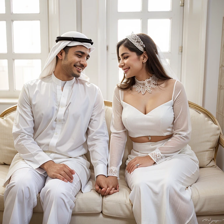 Romantic Arabic husband and wife sitting facing each other wearing all white, smiling lips holding each other's hands