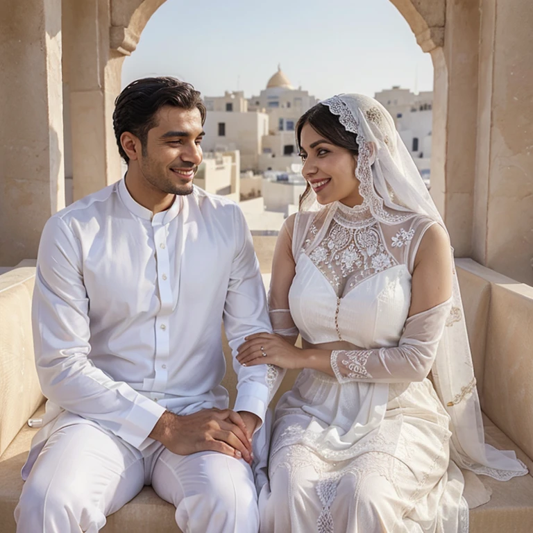 Romantic Arabic husband and wife sitting facing each other wearing all white, smiling lips holding each other's hands