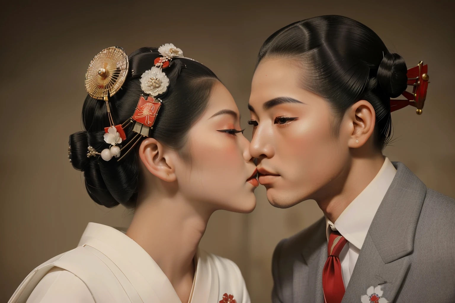 Kioto, 1939. A young ((((19-year-old)) Sayuri)), strikingly beautiful, delicate facial features, porcelain skin, expressive eyes, ((kissing a ((bussinessman in a suit)))), passionate, ((((geisha clothings from the 1930s)))), ((geisha hairstyle of the 1930s)), colorful