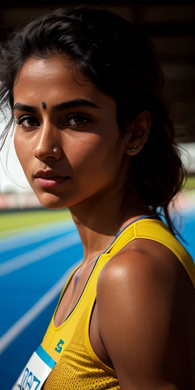 beautiful mature Indian college girl, in track outfit, outside on track field, ((slim, petite)), photorealistic, photo, masterpiece, realistic, realism, photorealism, high contrast, photorealistic digital art trending on Artstation 8k HD high definition detailed realistic, detailed, skin texture, hyper detailed, realistic skin texture, armature, best quality, ultra high res, (photorealistic:1.4),, high resolution, detailed, raw photo, sharp re, by lee jeffries nikon d850 film stock photograph 4 kodak portra 400 camera f1.6 lens rich colors hyper realistic lifelike texture dramatic lighting unrealengine trending on artstation cinestill 800,