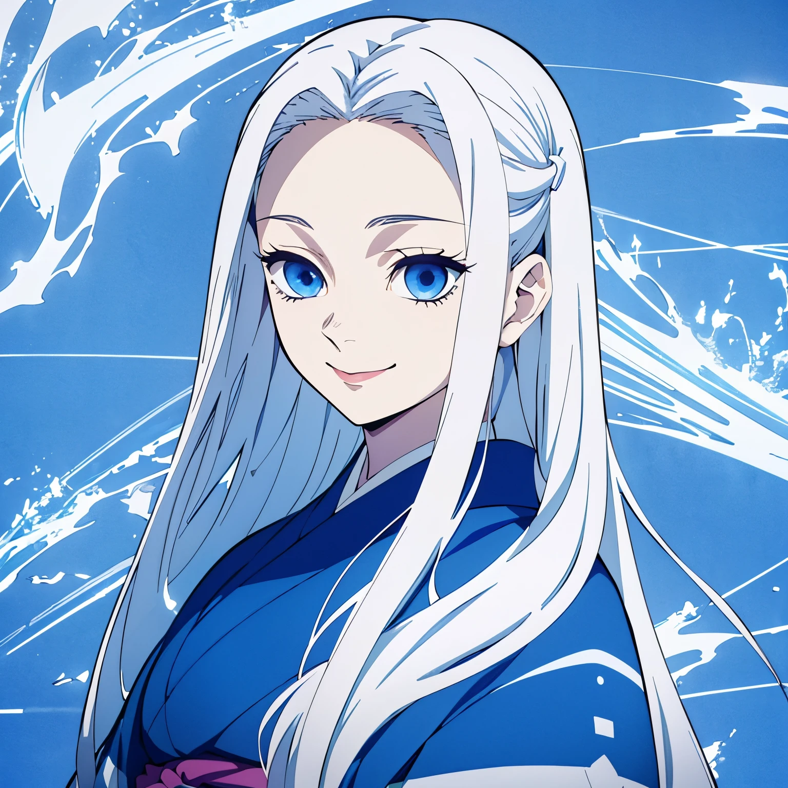 (1 girl, White long straight hair, blue eyes), blue kimono, white hair, (from front), face focus, smile, (half-up half-down hairstyle), Japanese animation color style, (16 years old girl), no background