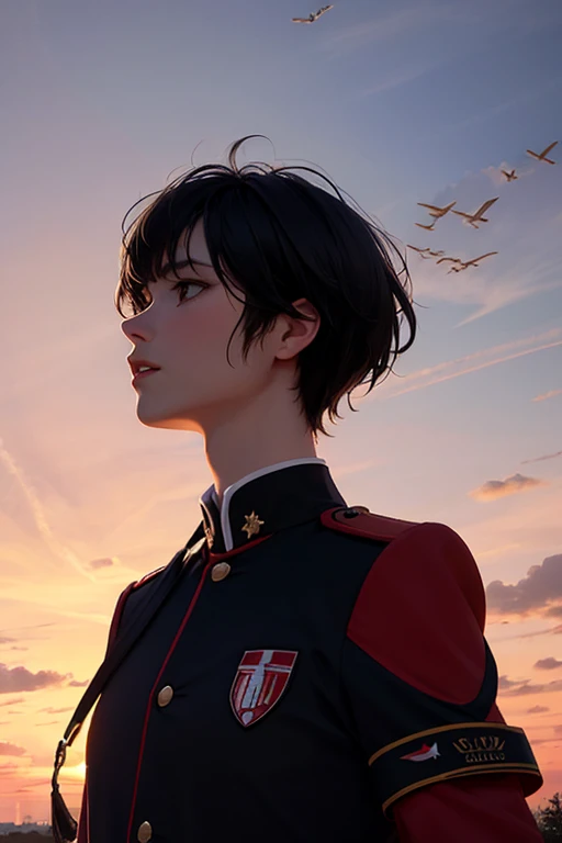 Girl with short hair Black Hair My hair is flying and I'm covered in wounds UniformLooking up at the skySunset
