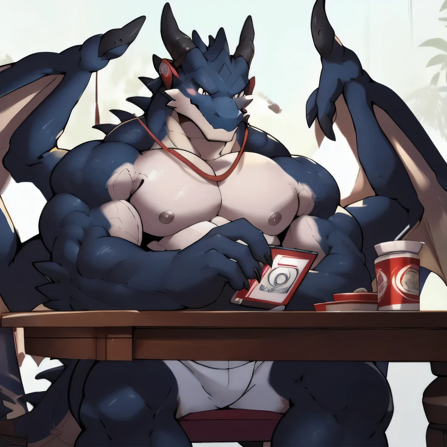 dragon,Anthropomorphic male dragon, Highlight the dragon angle,Highlight his muscular body and sharp claws, Shows chest contours, abdomen, Stretch and elegant, Delicate lace pattern glitters in the light. Keep your eyes on the screen，Playing games with headphones，Sitting at the table，The background is the scene of the e-sports competition。dragon&#39;Tail, Long-lasting and powerful, 他Sitting at the table，Playing games with headphones，Keep your eyes on the screen，Highlighting his charming masculinity. dragon&#39;Keep your eyes on the screen，Playing games with headphones，Sitting at the table，The background is the scene of the e-sports competition。