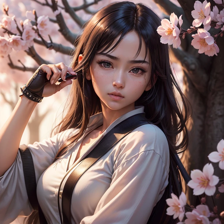 (((full medium shot))), (Masterpiece, photorealistic, photorealism, best quality, ultra-detailed:1.3), (nice hands, perfect hands), official art, cinematic light, (1girl:1.3), adult, A yakuza girl with a katana on a background of cherry blossoms