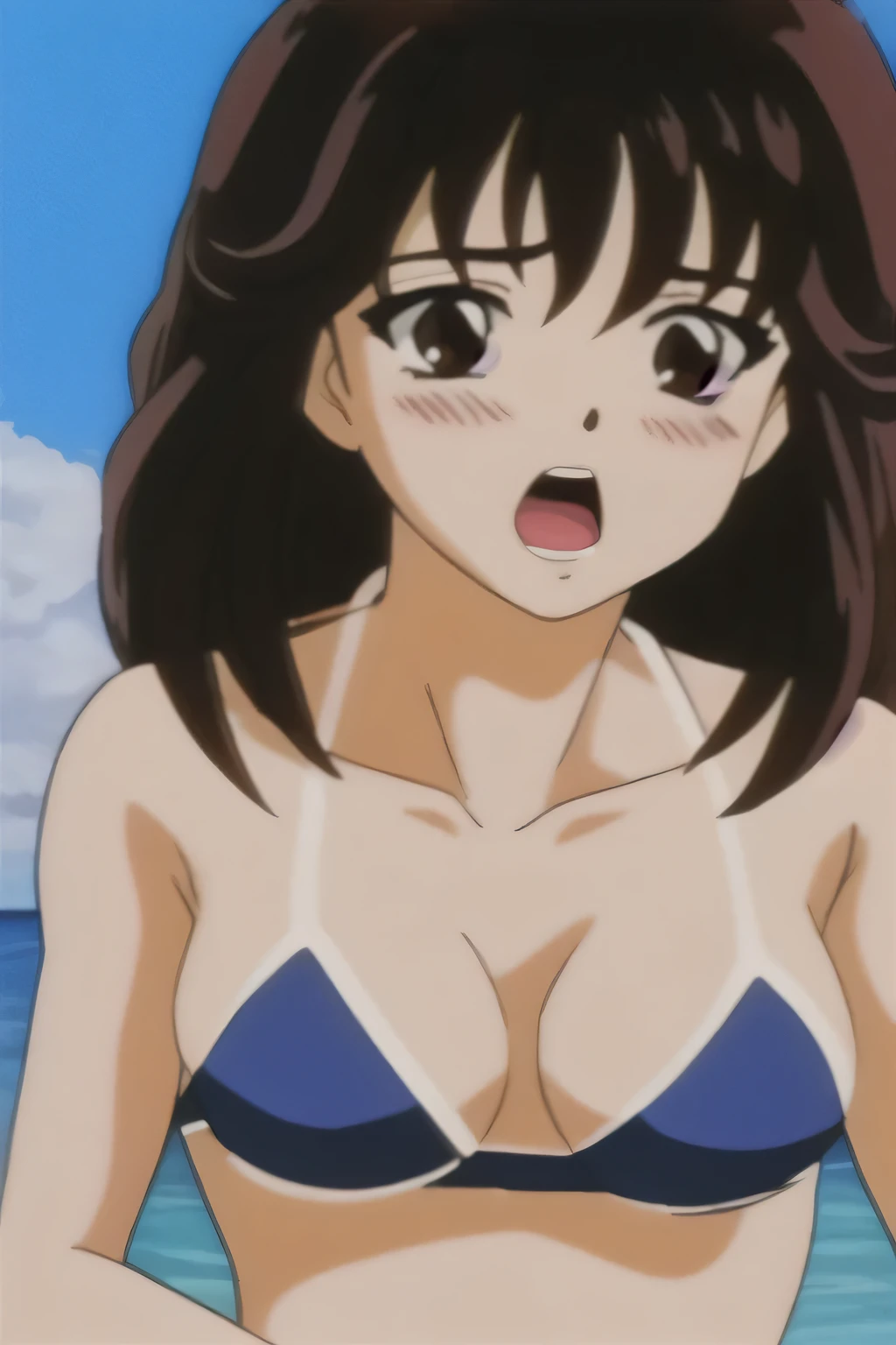 tomoko, One Girl, alone, length_hair, blush, Open_mouth,Embarrassing,Front hair, Simple_background, Brown_hair, black_hair,Brown_eye,bikini,Swimwear,Ocean, clavicle,