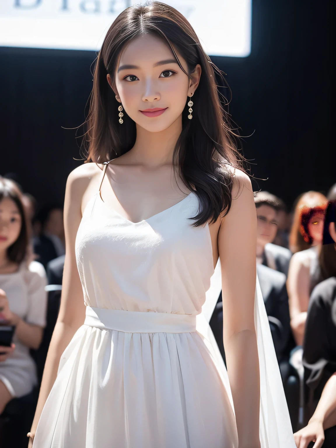 A woman stands on the rooftop,She wore a white dress,complete body,{Clear and delicate facial features},{Delicate eyes},of the best quality,Unlimited details,maximum quality,Highres,4K,cinematic light