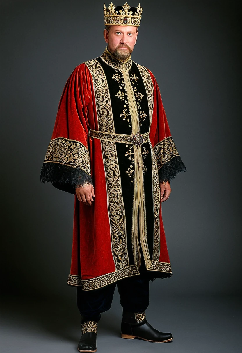 In a historically accurate portrayal of Friedrich Barbarossa, the Holy Roman Emperor of the 12th century, he would be dressed in attire befitting his royal status and the fashion of his era.

Barbarossa would likely be adorned in elaborate garments made from luxurious fabrics such as silk, velvet, and brocade, reflecting his wealth and prestige. His attire would feature intricate embroidery, ornate trimmings, and perhaps even jewels or precious metals, signaling his status as a ruler of great power and influence.

A long, flowing robe or tunic would serve as the centerpiece of his ensemble, adorned with symbols of his royal lineage and emblazoned with the imperial crest. Over this, he might wear a mantle or cloak of richly dyed fabric, draped elegantly over his shoulders and fastened with a jeweled clasp.

Beneath his robe, Barbarossa would wear a shirt of fine linen or silk, tailored to fit closely to his body and adorned with lace or embroidered cuffs. His trousers would be similarly opulent, made from sumptuous fabrics and tailored to perfection.

On his feet, Barbarossa would wear leather boots or shoes, embellished with decorative stitching or metal accents. His attire would be completed with accessories such as a crown or circlet, symbolizing his royal authority, and perhaps a sword or scepter, representing his role as a warrior and ruler.

This historically accurate depiction of Friedrich Barbarossa's clothing captures the opulence and grandeur of the medieval imperial court, offering a glimpse into the lavish lifestyle of one of the most powerful figures of his time.