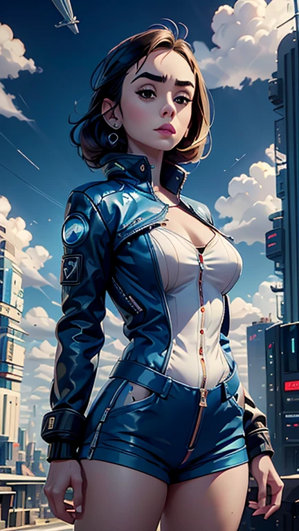 Lily Collins,Tall figure，slim sexy plump body , damp , cleavage ，Upper body shortedium shorts，buttons，zipper，Complex workmanship，icon，company logo，Emit blue light，background with，future technology，cyberpunk city，，big gear，wind，Blue sky and white clouds，