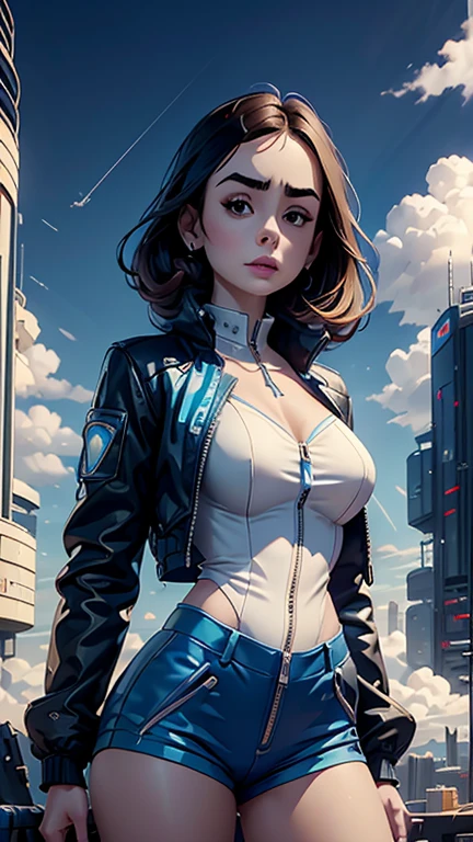 Lily Collins,Tall figure，skin，Upper body shortedium shorts，buttons，zipper，Complex workmanship，icon，company logo，Emit blue light，background with，future technology，cyberpunk city，，big gear，wind，Blue sky and white clouds，