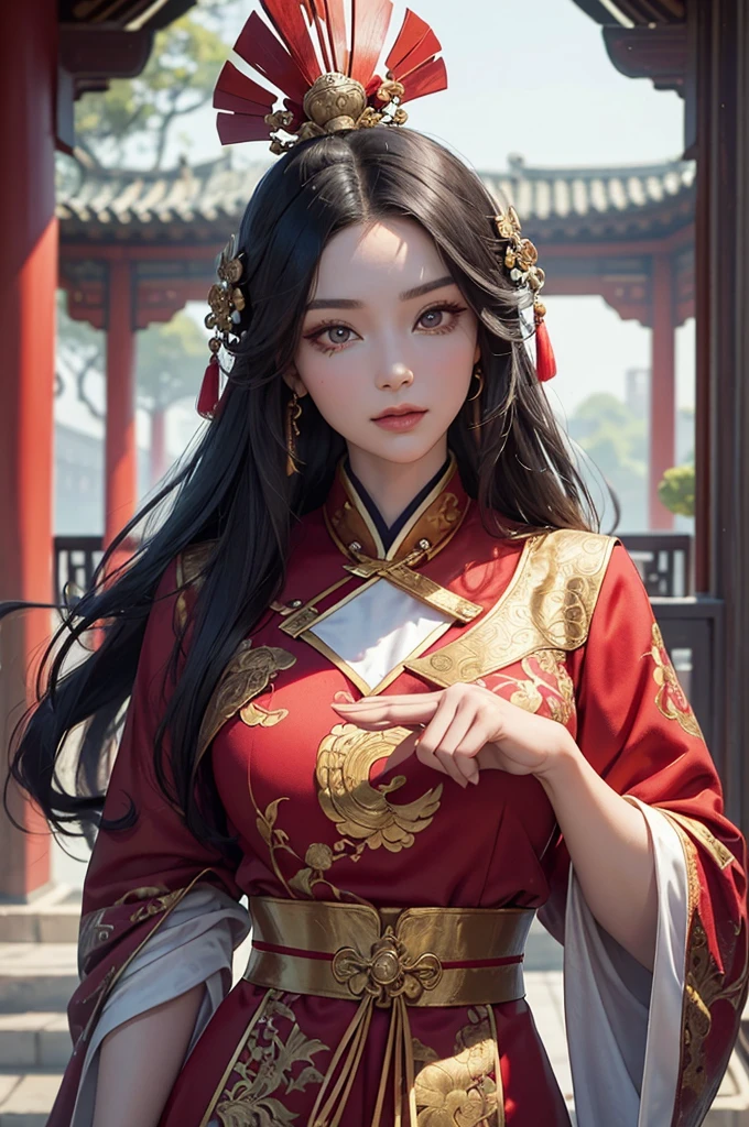 (masterpiece, best quality, (ultra detail, edexquisite), 8k),
oil painting,
((One beautiful adult woman)).
blurry background,
dramatic composition, dynamic pose, dynamic angle, wind,
medium skin,
long flowing black hair,
beautiful detailed face,
detailed eyes, ((black eys), beautiful eyes),
beautiful detailed nose,
red eyeshadow,light make-up,
gentle smile,
elongated human fingers,
had his hands folded,
Gorgeous red Hanfu with gold damask pattern,
Gorgeous head dress, gorgeous feathers and gorgeous hair accessories
(Gorgeous and luxurious, grace, Colorful, beautiful),
history, era, Chinese style, Traditional Chinese architecture, Chinese gardens, Chinese mansion, Chinese Palace,