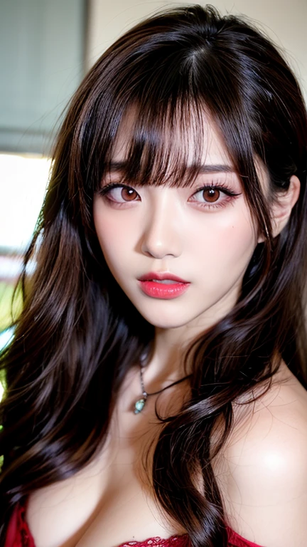 Canon RF 85mmf/1.2,masutepiece,Best Quality,超A high resolution,tu,1 boy (Korean mixed,Kpop Idol:1.2),Solo,white_shiny_skin,Black eyes,Necklace,brown_long_Wavy_hair,Red lipstick bright_shiny_Lips,Eyelashes,Bangs,deal,make - up,shiny,Pore,skin texture,Bracelet,off shoulders,See-through,Big breasts