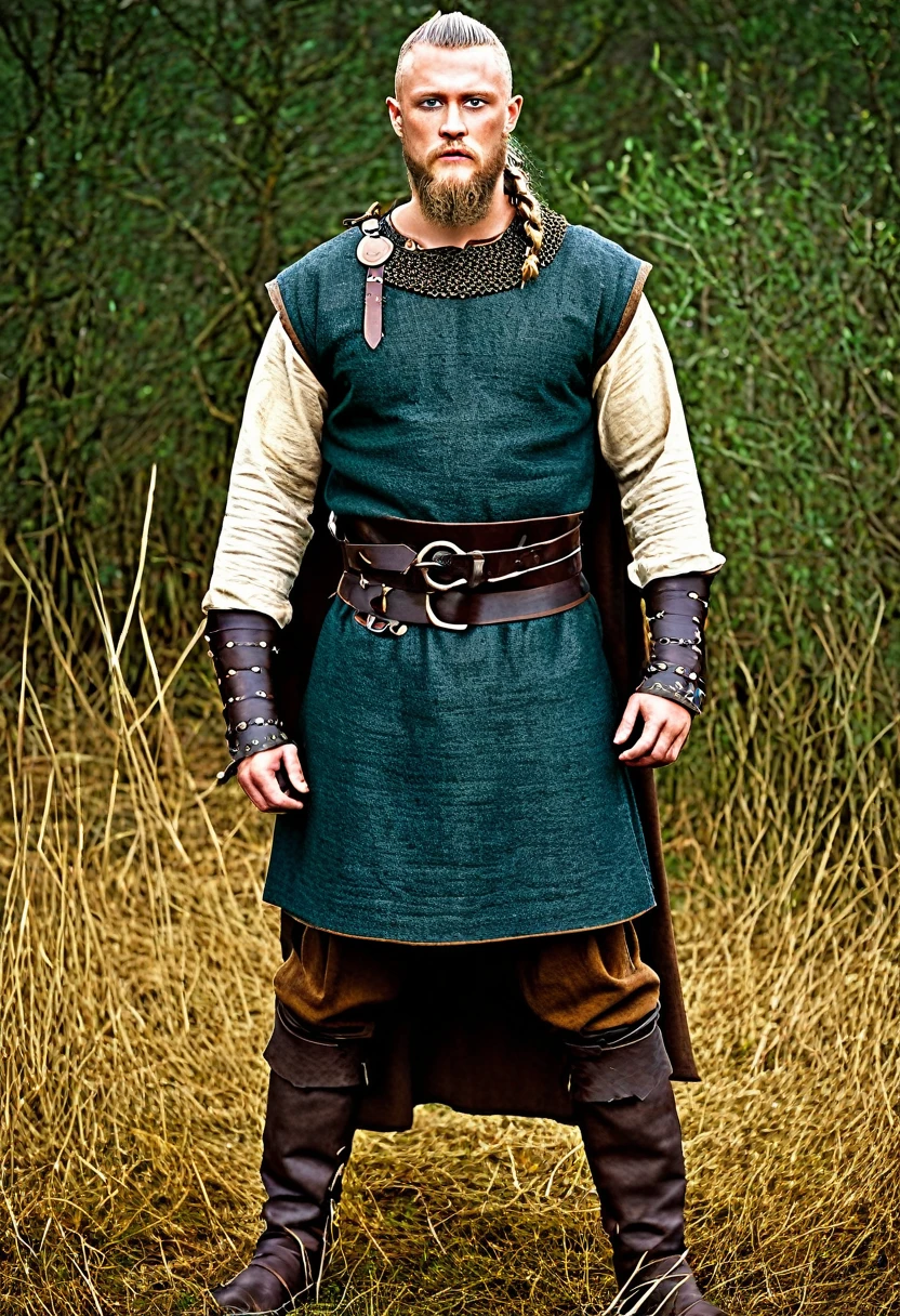 In a historically accurate portrayal of Ragnar Lothbrok, the legendary Viking chieftain and hero of Norse sagas, he would be dressed in attire typical of the Viking Age.
Ragnar would likely wear a simple linen or wool tunic, dyed in earthy tones such as brown, gray, or green, and embellished with decorative trimmings along the neckline and cuffs. Over his tunic, he would don a sleeveless overtunic or coat, fastened at the waist with a leather belt adorned with metal buckles or clasps.
His trousers would be made of sturdy wool or leather, providing protection and warmth during long journeys and battles. Tucked into his trousers, Ragnar would wear woolen leg wraps or hose, offering additional insulation against the elements.
On his feet, Ragnar would wear leather boots or shoes, laced tightly for support and stability. His attire would be complemented by a cloak made of wool or fur, worn draped over his shoulders for added warmth and protection from the cold winds of the North Sea.
As a warrior and leader of men, Ragnar might also wear armor for protection in battle, such as a mail shirt or hauberk made of interlocking metal rings. Additionally, he would carry weapons such as a sword, shield, and axe, essential tools of the Viking warrior.
This historically accurate depiction of Ragnar Lothbrok's clothing captures the rugged simplicity and functionality of Viking attire, reflecting the harsh conditions and martial culture of the Norsemen during the Viking Age.