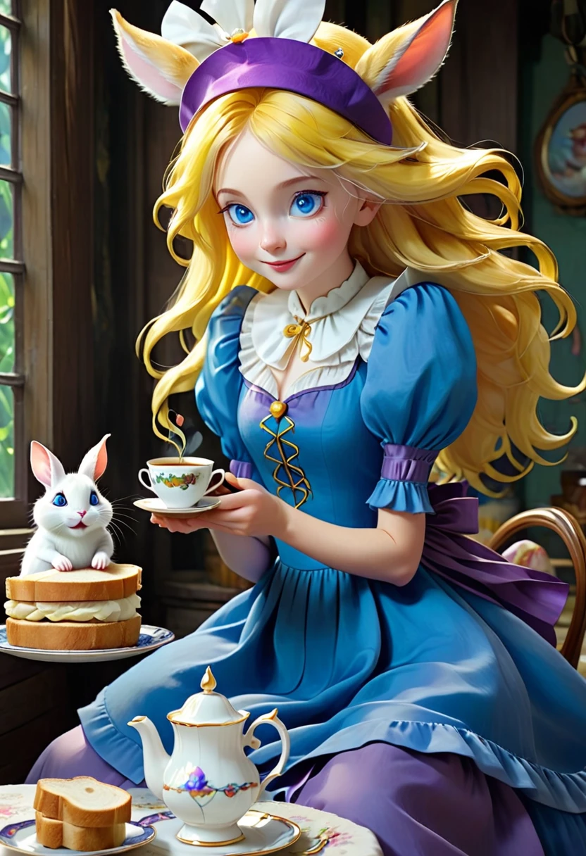 ((Sipping tea and eating bread)) I a girl with blue eyes and yellow hair and wearing a blue dress, a white Rabbit, Purple Grinning Cat, and a Man with a tall hat on his head and a small mouse in a hand