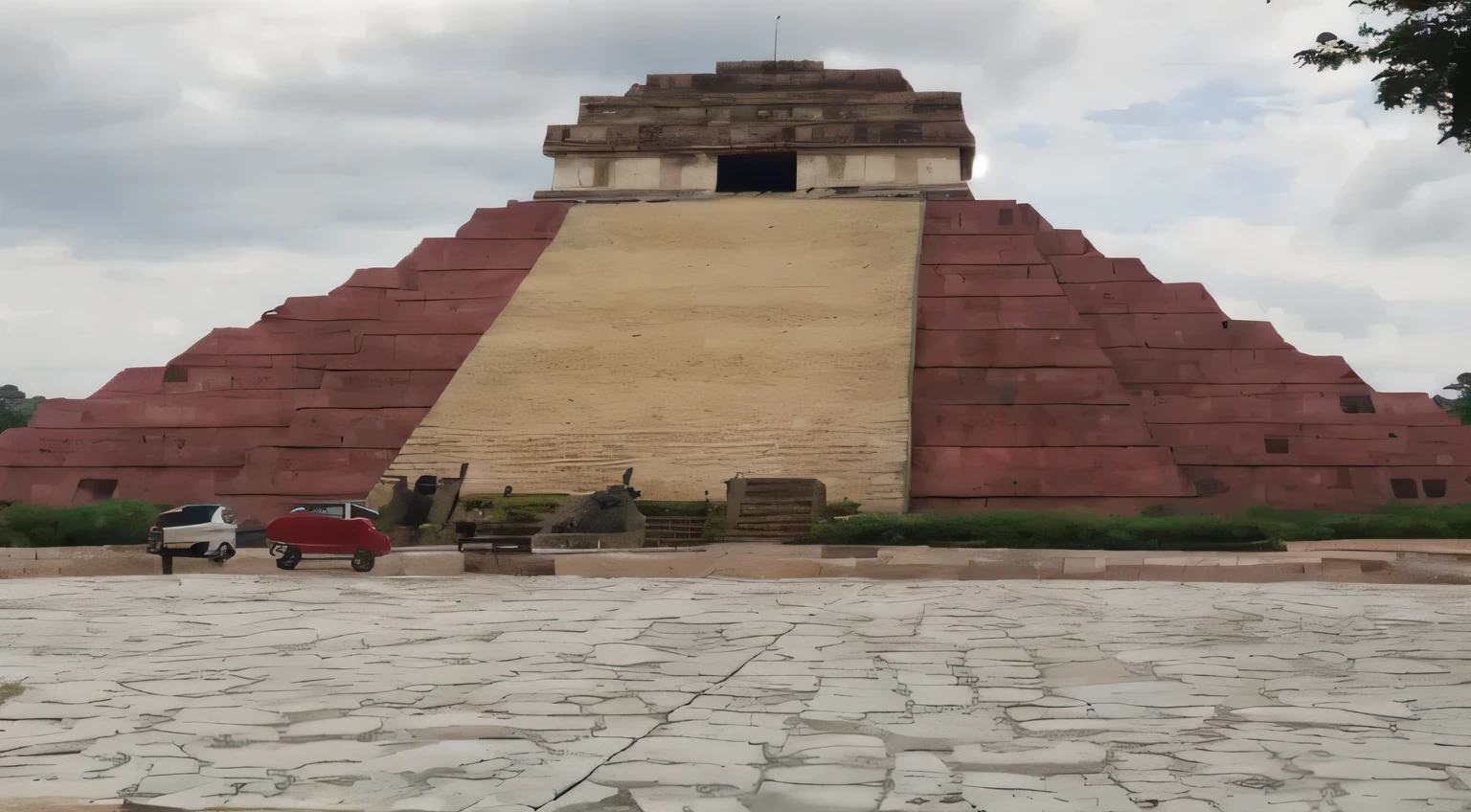 there are two people walking in front of a large pyramid, pyramid in background, pyramid surrounded with greenery, Templo del Sol, pyramid, lost world pyramid, ancient pyramid, ancient megastructure pyramid, pyramid portal, Nave espacial azteca gigante, Arquitectura azteca, templo maya en la selva, mexico, zigurat, estilo maya, templo al fondo, Ciudad espacial azteca gigante