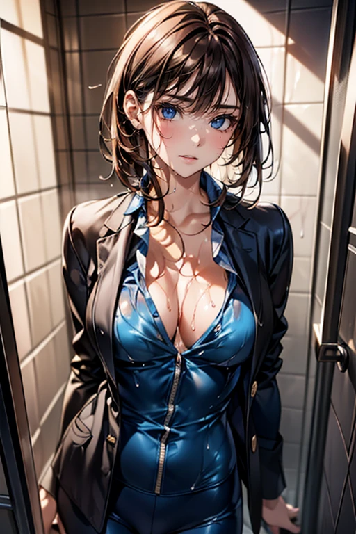 (masterpiece:1.2, highest quality), (Realistic, photoRealistic:1.4), Beautiful illustrations, (Natural side lighting, Cinema lighting),
Watching the audience, Face focus, Upper Body, 1 female, Japanese, Perfect Face, Perfect body, Symmetrical cute face, Glowing Skin, Baby Face, big breasts:1.4, Hair between the eyes, Emerald green eyes, Captivating thighs, thin,
Beautiful Hair, Beautiful Face, thin and beautiful eyes, Beautiful clavicle, Beautiful body, Beautiful breasts, Beautiful thighs, Beautiful legs, Beautiful fingers, Are standing,(masterpiece:1.2, highest quality), (Realistic, photoRealistic:1.4), Beautiful illustrations, 1 female, Japanese, ((brown hair, Medium Hair:1.5, Wet Hair:1.4)), blown 髪, bangs, 髪 between eyes, big breasts,
beautiful 髪, Beautiful Face, Beautiful and detailed, (blue eyes:1.3), Beautiful clavicle, Beautiful body, Beautiful breasts, Beautiful thighs, Beautiful legs, Beautiful fingers, (business hotel:1.4, shower room, open shower),
((Suit jacket, pants suit:1.6, Collared shirt)), Wet body, Wet clothes, soaked,
(Seductive pose:1.3)