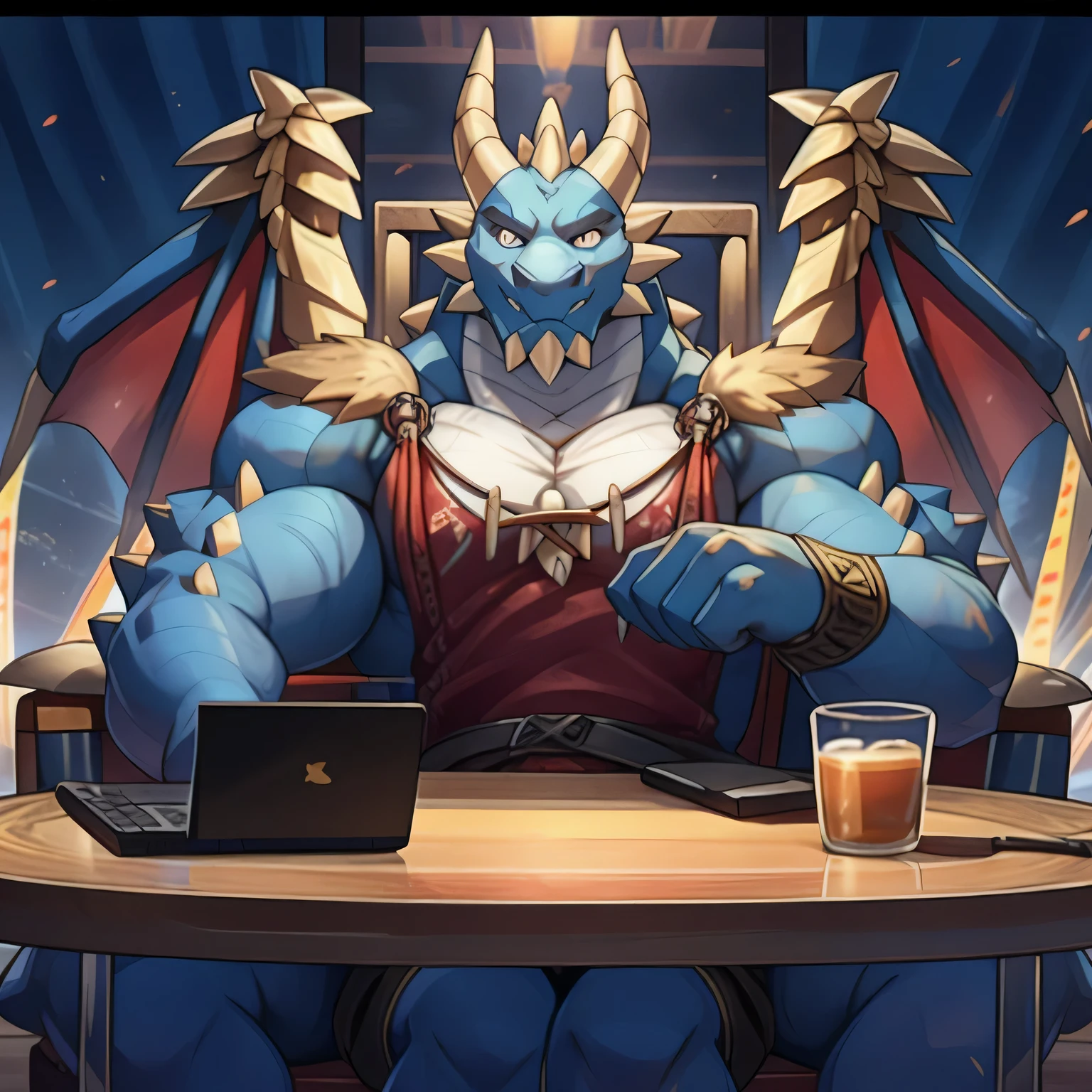 dragon,Anthropomorphic male dragon, Highlight the dragon angle,Highlight his muscular body and sharp claws, Shows chest contours, abdomen, Stretch and elegant, Delicate lace pattern glitters in the light. Keep your eyes on the screen，Playing games with headphones，Sitting at the table，The background is the scene of the e-sports competition。dragon&#39;Tail, Long-lasting and powerful, 他Sitting at the table，Playing games with headphones，Keep your eyes on the screen，Highlighting his charming masculinity. dragon&#39;Keep your eyes on the screen，Playing games with headphones，Sitting at the table，The background is the scene of the e-sports competition。