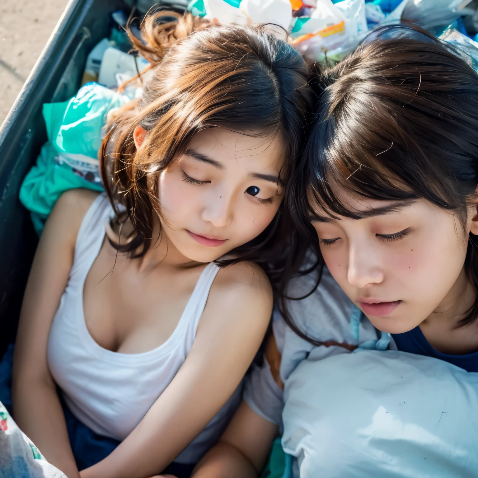 Two people、Identical twin sisters、Best image quality,, Ultra-high resolution, (Faithfulness:1.4),Realistic woman,Realistic body, photograph, cute ,Shortcuts,Realistic Face,Japanese women,Exposing shoulders,Tattered clothes,Messy Hair, Thin and thin,Young Face,high school student,,High milk,Messy Hair,poor,Sleeping with trash,close your eyes,Buried in garbage,Sleep on your side,pile of trash,Sleeping girl,A trashy place,Sleep alone'Came back,Ripped tank top,Tattered Tank Top,Surrounded by trash,Concentrated Cut.Battered girl,cute face、(8k, RAW photo, best quality, masterpiece:1.2), (realistic, photo-realistic:1.4), (extremely detailed 8k wallpaper),Highly detailed face、Highly detailed eyes、Extremely realistic skin、Highly detailed fingers, Highly detailed nose, Highly detailed mouth,