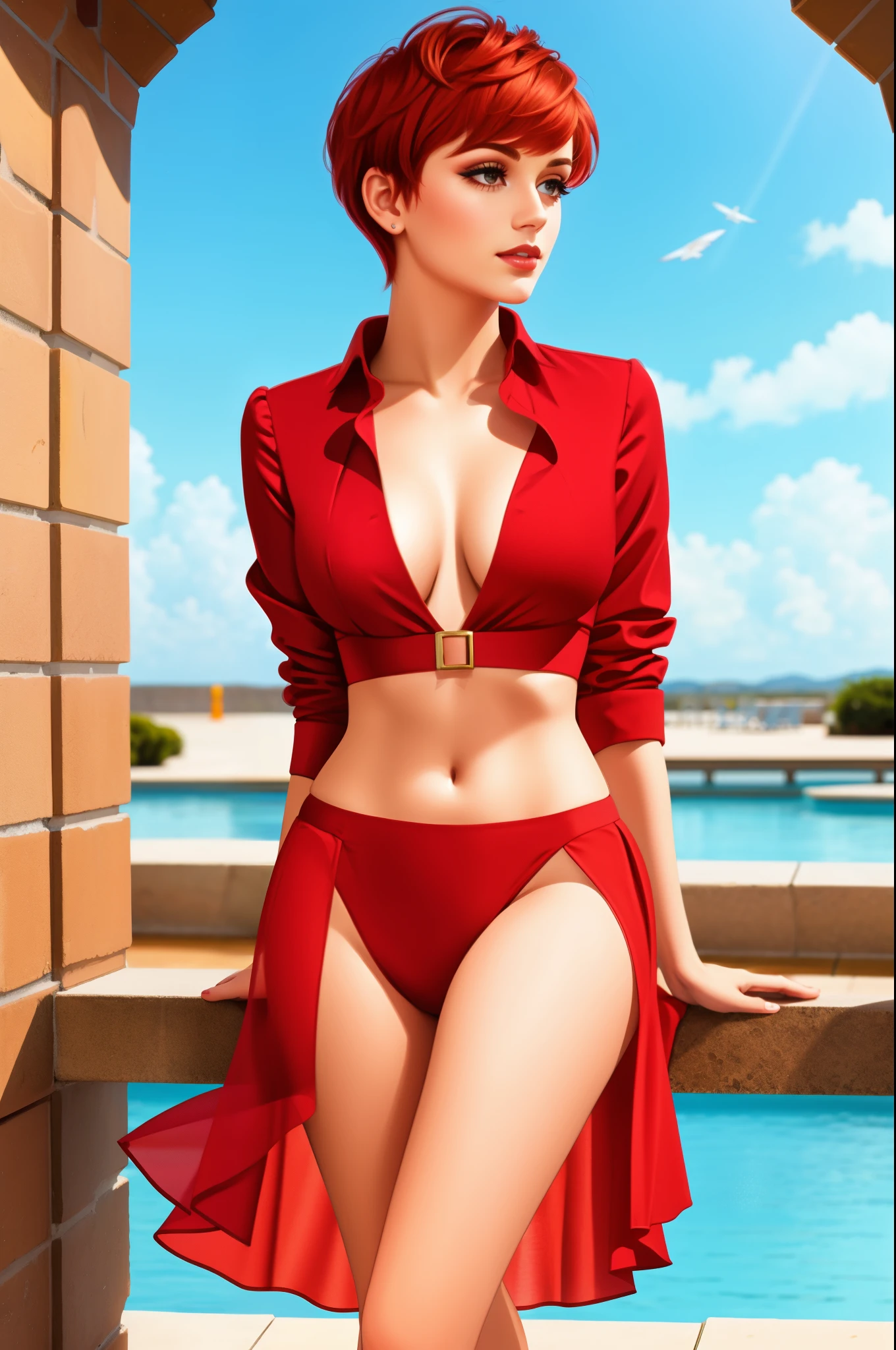 gorgeous woman, red hair, pixie cut