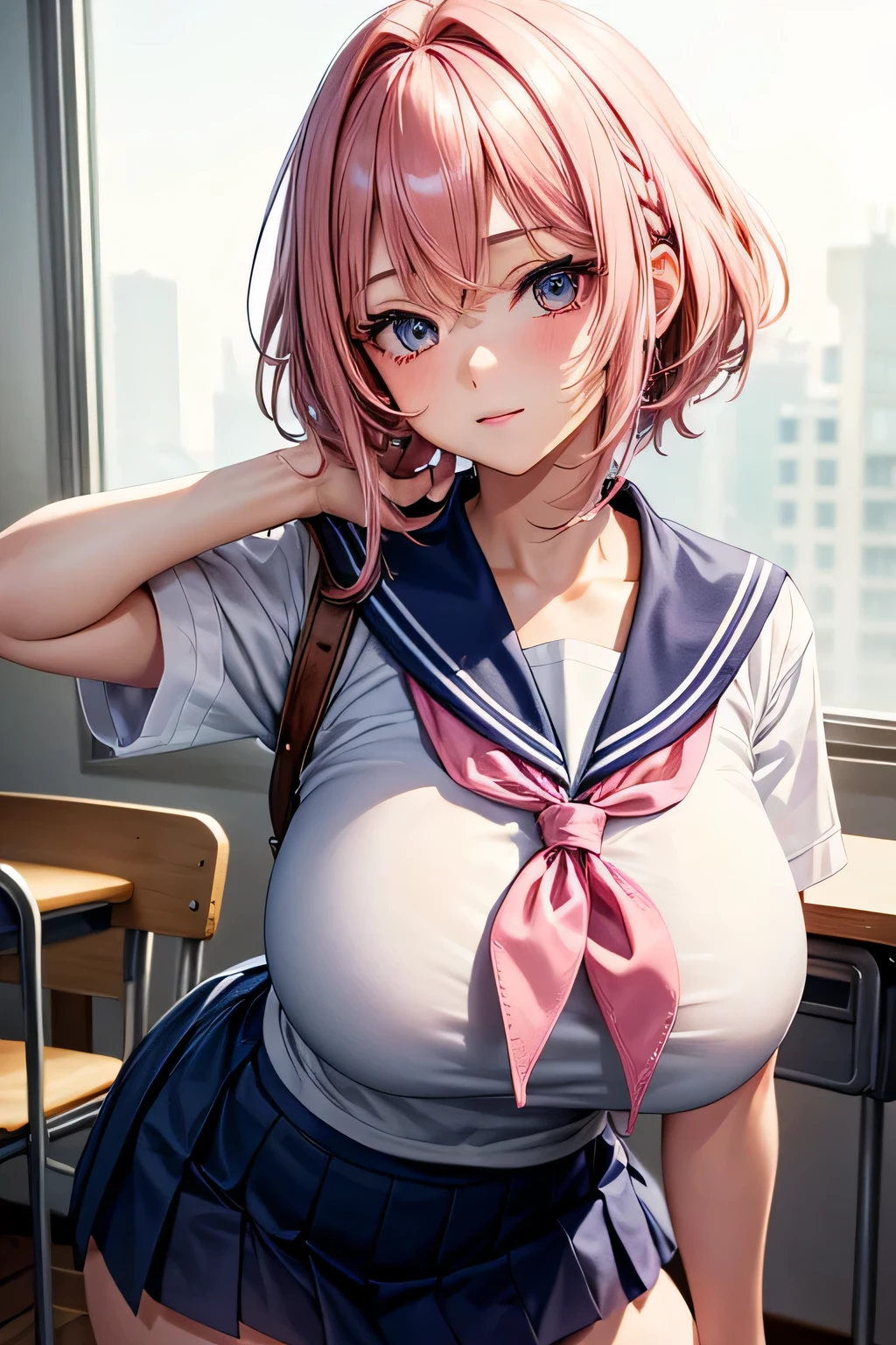 masterpiece,best quality,ultra-detailed,high resolution,beautiful detailed eyes,,1girl,(short hair:1.1),pink hair,(Side Braids:0.95),(hairs between eyes:1.3),shaggy hair,Indigo eye,(gigantic breasts1.3),{school uniform, sailor suit},class room, arm up,Cheerful