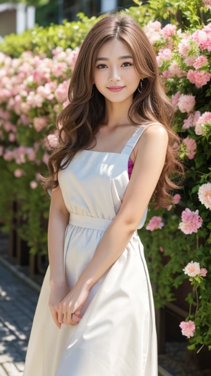 highest quality,masterpiece,超A high resolution,RAW Photos,One Girl,Loose perm hair、length、brown hair、Arms crossed、Japanese、Loose perm hair、length、brown hair、smile、Professional photography、Same skin type as humans、A woman dressed in Japan from head to toe、Blur the background、Anatomical accuracy、Very detailed and beautiful、Ultra HD、length、Her hair is flowing and sexy、Very detailed beautiful girl、Shoulder-length hair、Floristのスタッフ,Florist、White long skirt、Light brown sleeveless、apron、Smelling the flowers