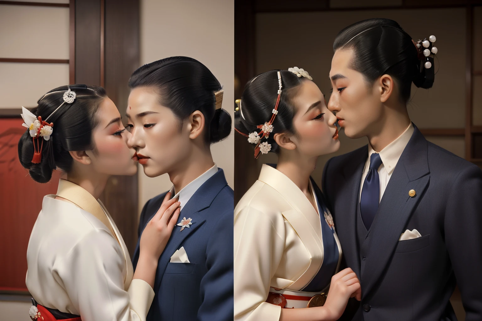 Kioto, 1939. A young ((((19-year-old)) Sayuri)), strikingly beautiful, delicate facial features, porcelain skin, expressive eyes, ((kissing a ((bussinessman in a suit)))), passionate, ((((geisha clothings from the 1930s)))), ((geisha hairstyle of the 1930s)), colorful