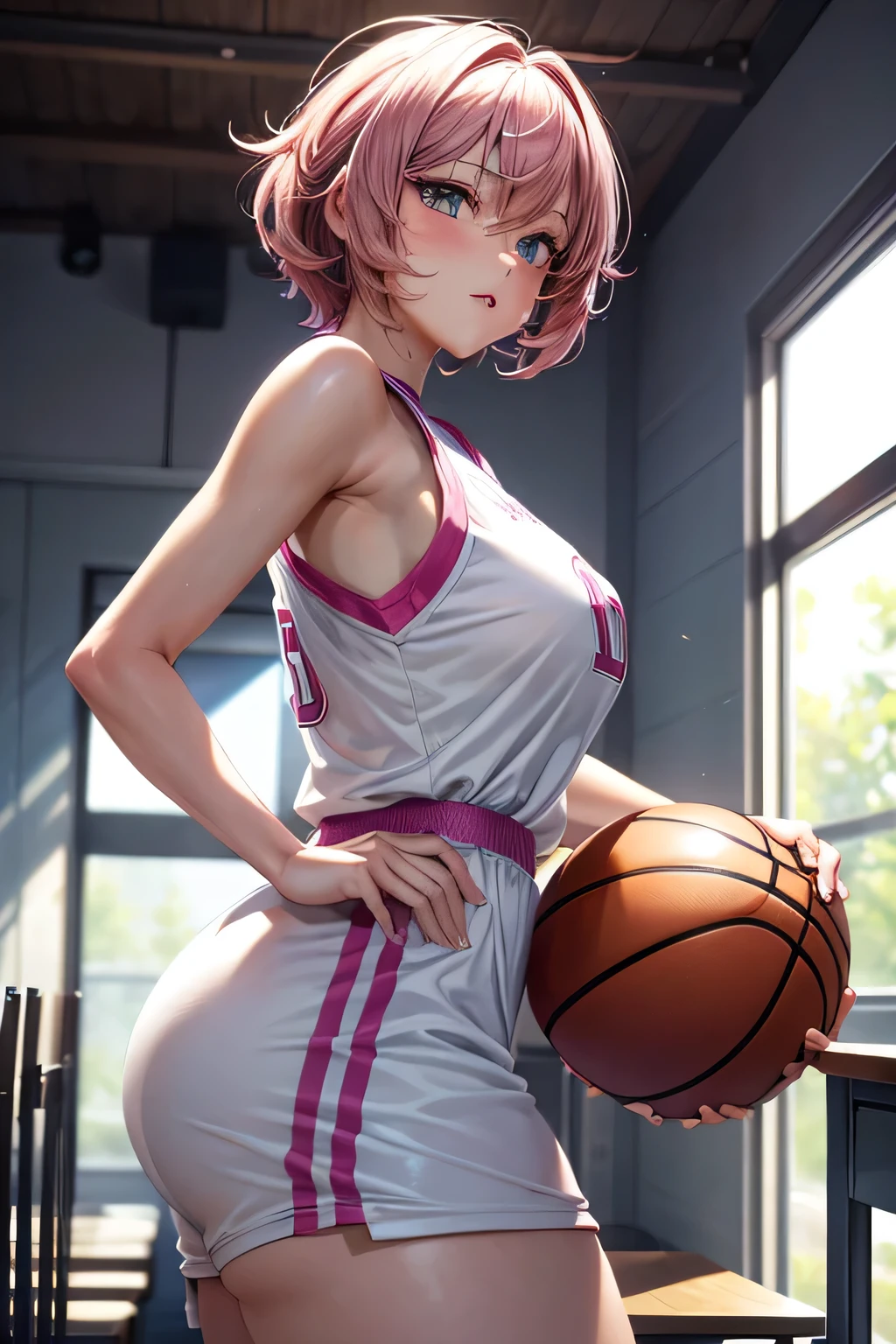 masterpiece,best quality,ultra-detailed,high resolution,beautiful detailed eyes,,1girl,(short hair:1.1),pink hair,(Side Braids:0.95),(hairs between eyes:1.3),shaggy hair,Indigo eye,(gigantic breasts1.3),{basketball uniform},class room, arm up,Cheerful