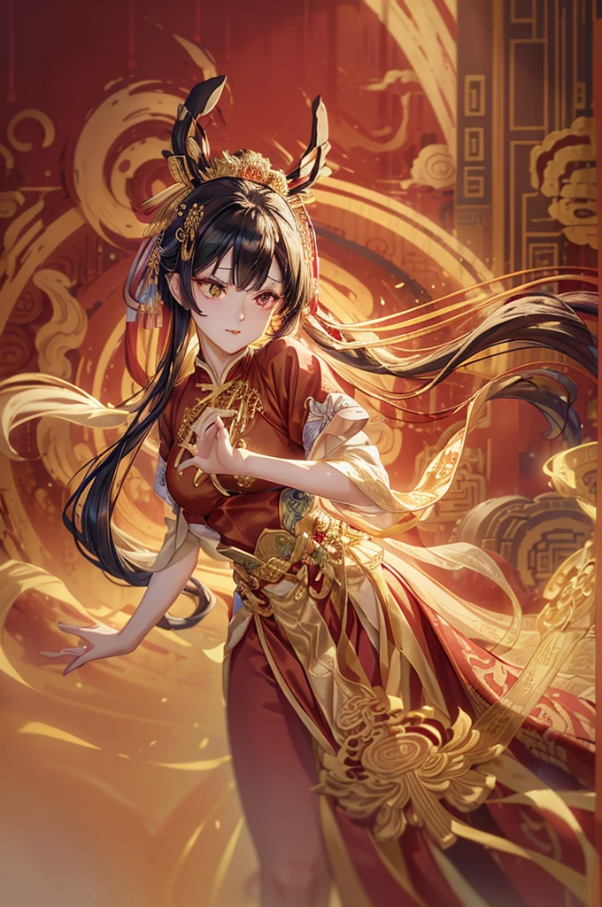A masterpiece of a Buddhist Guanyin Bodhisattva, white super long hair, long flowing hair, exquisite jewelry, delicate bracelets, exquisite hair accessories, high on the top, aperture on the back, fairy air fluttering, holding various magic weapons in his hand, golden bracelets on ankles, ancient Chinese costumes, robes, gorgeous silk, flowing tulle, dazzling background, golden aperture on the back, gold Falun in the back, best light, backlit shooting, movie filter, (hands together), (thousand hands Guanyin statue), ultra HD, 8k, Fair skin, Wolp_style, duhuang_style, upper body close-up, detailed face, 28 years old, 1girl, fitness marks, slim figure, a little muscular, vest line, leaning back curved body, digital illustration art, superlative art drawing, (abstract background: 1.3), (many colors: 1.4), (earrings), (Flamethrower: 1.3),red background