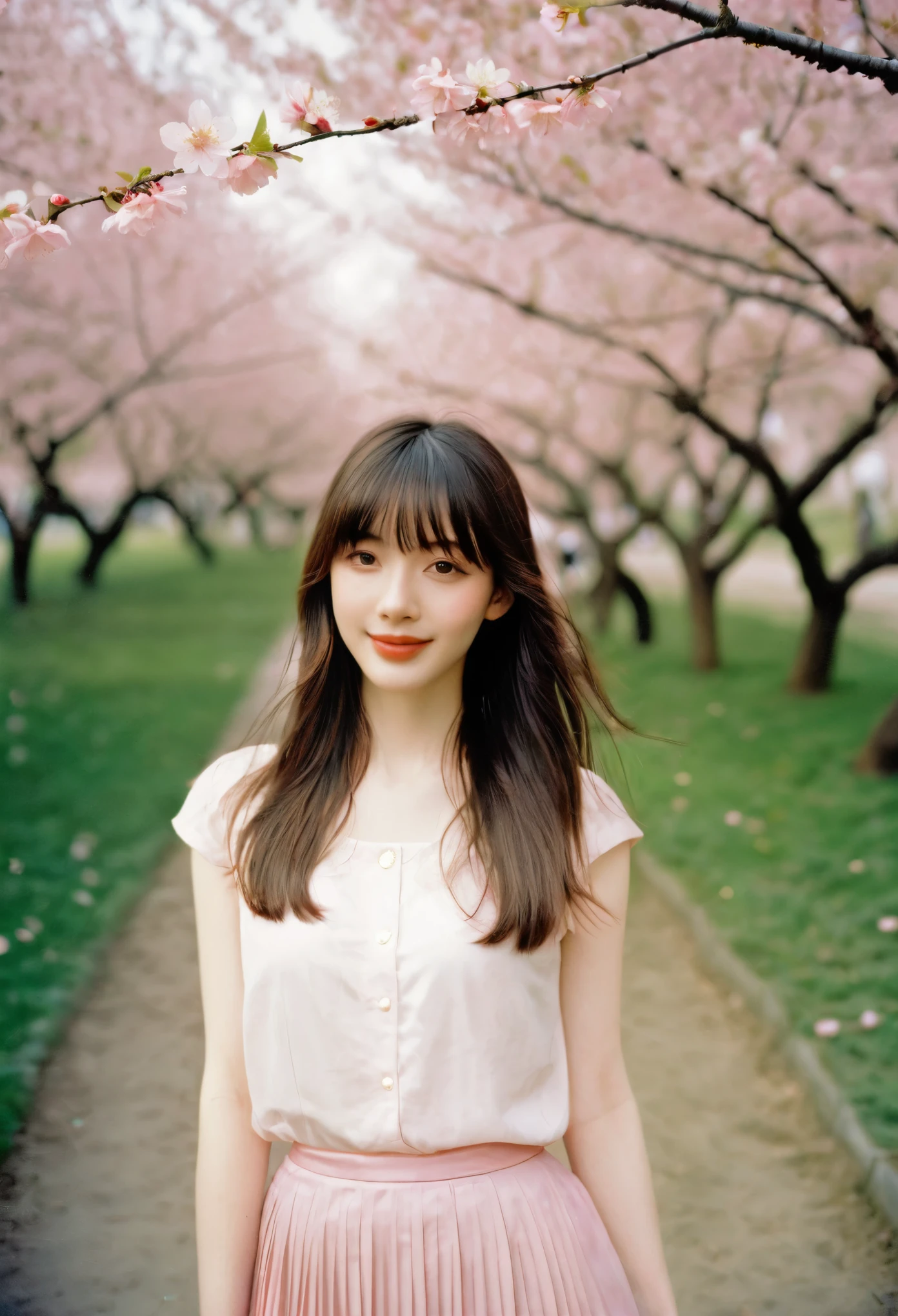 one pretty girl, solo, supermodel, pale skin, long wavy hair, blunt bangs, make up, parted lips, happy,  pleated skirt, looking at viewer, a blooming cherry blossom grove, with delicate pink petals floating in the breeze, soft lighting, film grain, medium long shot, epiCPhoto,