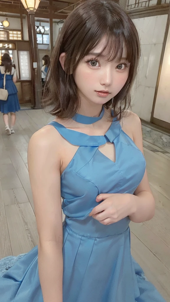 (8k, RAW Photo, Best Quality, Masterpiece: 1.3), breakone girl, (a beauty girl, delicate girl:1.3), (21 years old:1.5), break, (Blue dress:1.3), break, Extremely fine grain definition, (Symmetrical eyes:1.3), break, Small breasts, Brown eyes, Parted bangs, brown hair, girl, break, (Eye and facial details:1.3),break,smile, (Inside Tokyo Station:1.3),