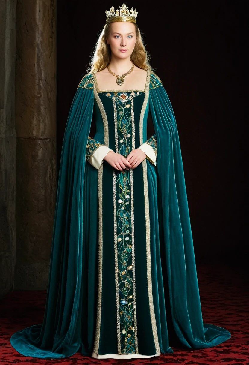 Queen Brunhild from the Nibelung Saga, believed to have originated from the Icelandic sagas, would likely have worn attire reflecting her status as a powerful and regal figure in medieval Europe.
Her garments would have been made from luxurious fabrics such as silk, velvet, and brocade, reflecting her wealth and royal lineage. Queen Brunhild's attire would have been adorned with intricate embroidery, elaborate trimmings, and possibly even jewels or precious metals, signaling her status as a queen of great importance.
As a queen of the early medieval period, Brunhild would have worn a long, flowing gown or robe, tailored to fit her figure and embellished with symbols of her royal lineage. This gown would have been accompanied by a mantle or cloak of richly dyed fabric, draped elegantly over her shoulders and fastened with a jeweled clasp.
Underneath her gown, Queen Brunhild would have worn a chemise or shift made from fine linen or silk, providing a layer of comfort and modesty beneath her outer garments. Her attire would have been completed with accessories such as a crown or diadem, symbolizing her authority as a queen, and perhaps a scepter or orb, representing her role as a ruler and leader of her people.
This historically accurate depiction of Queen Brunhild's clothing captures the opulence and grandeur of the medieval royal court, offering a glimpse into the lavish lifestyle of one of the most powerful and influential women of her time.