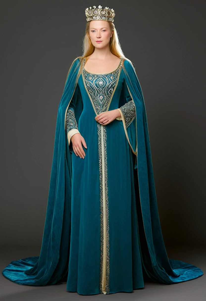 Queen Brunhild from the Nibelung Saga, believed to have originated from the Icelandic sagas, would likely have worn attire reflecting her status as a powerful and regal figure in medieval Europe.

Her garments would have been made from luxurious fabrics such as silk, velvet, and brocade, reflecting her wealth and royal lineage. Queen Brunhild's attire would have been adorned with intricate embroidery, elaborate trimmings, and possibly even jewels or precious metals, signaling her status as a queen of great importance.

As a queen of the early medieval period, Brunhild would have worn a long, flowing gown or robe, tailored to fit her figure and embellished with symbols of her royal lineage. This gown would have been accompanied by a mantle or cloak of richly dyed fabric, draped elegantly over her shoulders and fastened with a jeweled clasp.

Underneath her gown, Queen Brunhild would have worn a chemise or shift made from fine linen or silk, providing a layer of comfort and modesty beneath her outer garments. Her attire would have been completed with accessories such as a crown or diadem, symbolizing her authority as a queen, and perhaps a scepter or orb, representing her role as a ruler and leader of her people.

This historically accurate depiction of Queen Brunhild's clothing captures the opulence and grandeur of the medieval royal court, offering a glimpse into the lavish lifestyle of one of the most powerful and influential women of her time.