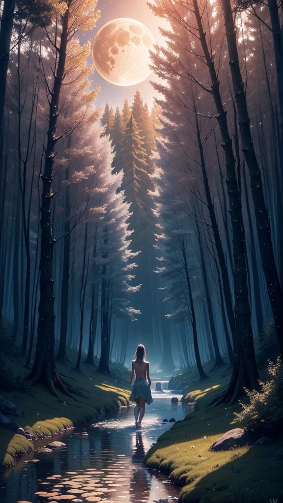 Surreal landscape, Masterpiece, ultra detailed, 8k definition, beautiful face, naked girl walking over a small stream, in front of a mythical forest, full of trees with faces of agony infused with glitter, flying creatures, and a huge moon in the sky