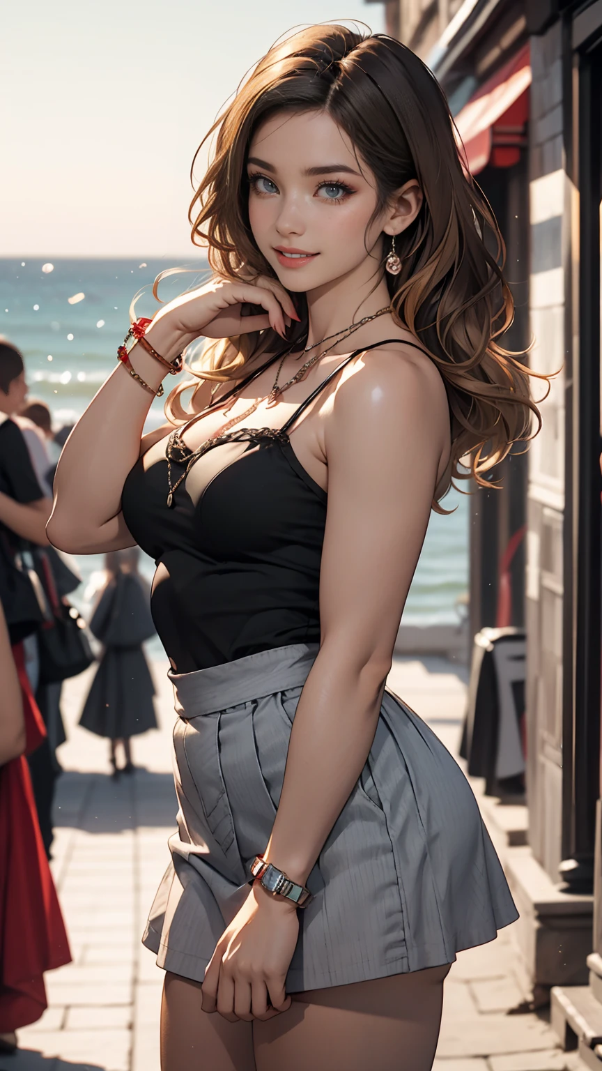 25-year-old Caucasian female、Hair color is brunette、blue eyes、long hair、My hair is wavy、Hair in a chignon、smile、A slender but well-proportioned feminine body、Wearing red nail polish、wearing a camisole、She&#39;s wearing a mini pleated skirt、Wearing jewelry on the wrist、I&#39;m wearing a chain necklace、I&#39;m on a hill overlooking the Aegean coast.、smile、