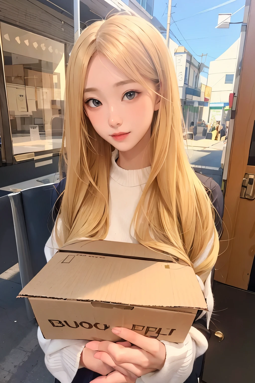Beautiful girl with long blonde hair holding a box in her hand,