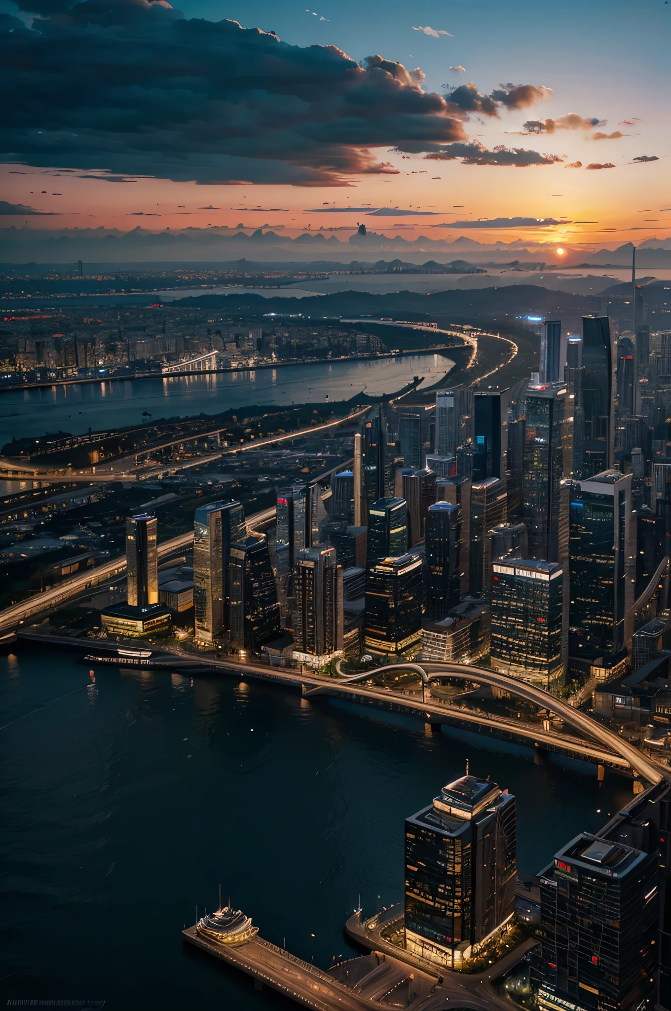 Una ciudad futurista junto a un atardecer en 4k