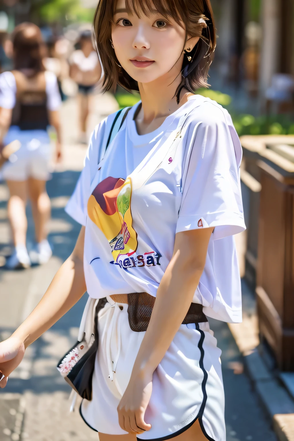 highest quality, Photorealistic, Very detailed, finely, High resolution, 8K Wallpaper, Professional, High level of detail, ((One 18 year old girl:1.2)), Slender Japanese women,cute lips, Detailed clavicle, Mid-chest、Perfect Face, (Cute short bob hair:1.5), Chestnut Hair、Cute face、(T-shirt on bare skin:1.5)、(Shorts:1.5)、(White sneakers:1.5)、(Sexy poses in the shopping district:1.2)、Perfect Professional Potion、((Complete head-to-toe coverage:1.5)、