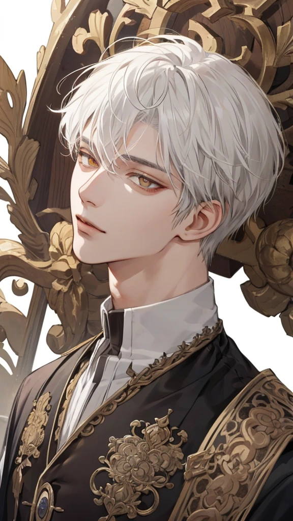 (extreamly delicate and beautiful:1.2), 8K,(masterpiece:1.0),(best_quality:1.0), 1boy, and intricate detailing, Enlarged textures, and intricate detailing, finely eye and detailed face, and intricate detailing, shiraga, white hair, (closed mouths), Perfect eyes, Equal eyes, Golden eyes (A male god)