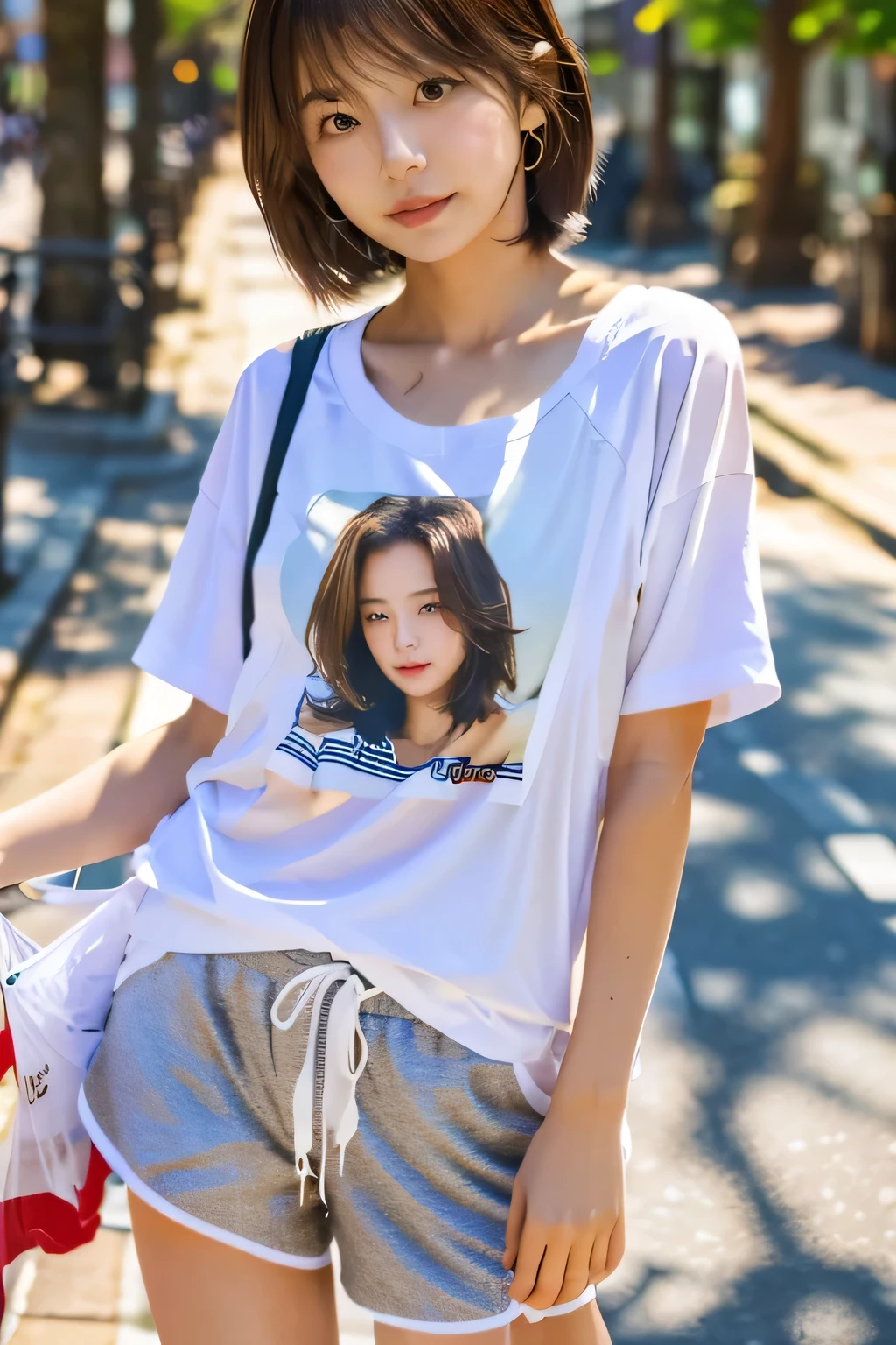 highest quality, Photorealistic, Very detailed, finely, High resolution, 8K Wallpaper, Professional, High level of detail, ((One 18 year old girl:1.2)), Slender Japanese women,cute lips, Detailed clavicle, Mid-chest、Perfect Face, (Cute short bob hair:1.5), Chestnut Hair、Cute face、(T-shirt on bare skin:1.5)、(Shorts:1.5)、(White sneakers:1.5)、(Sexy poses in the shopping district:1.2)、Perfect Professional Potion、((Complete head-to-toe coverage:1.5)、