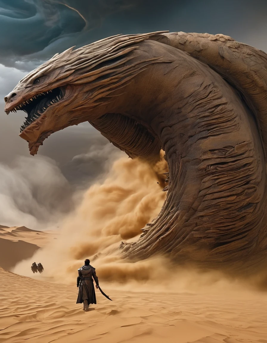 Dune movie aesthetics, Dune movie sty.e,Future warrior stands on a giantsandworm and rides through a violent sandstorm, epic scenes