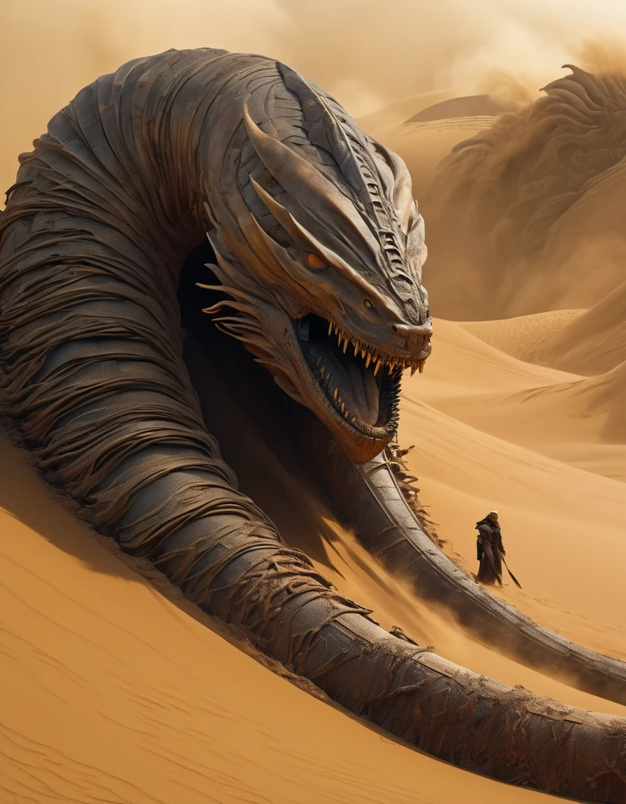 Dune movie aesthetics, Dune movie sty.e,Future warrior stands on a giantsandworm and rides through a violent sandstorm, epic scenes