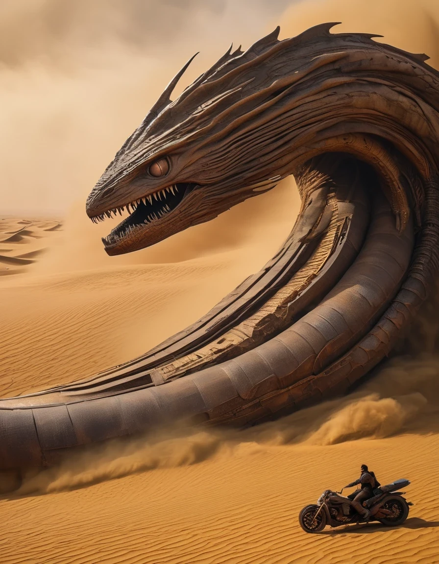 Dune movie aesthetics, Dune movie sty.e,Future warrior stands on a giantsandworm and rides through a violent sandstorm, epic scenes