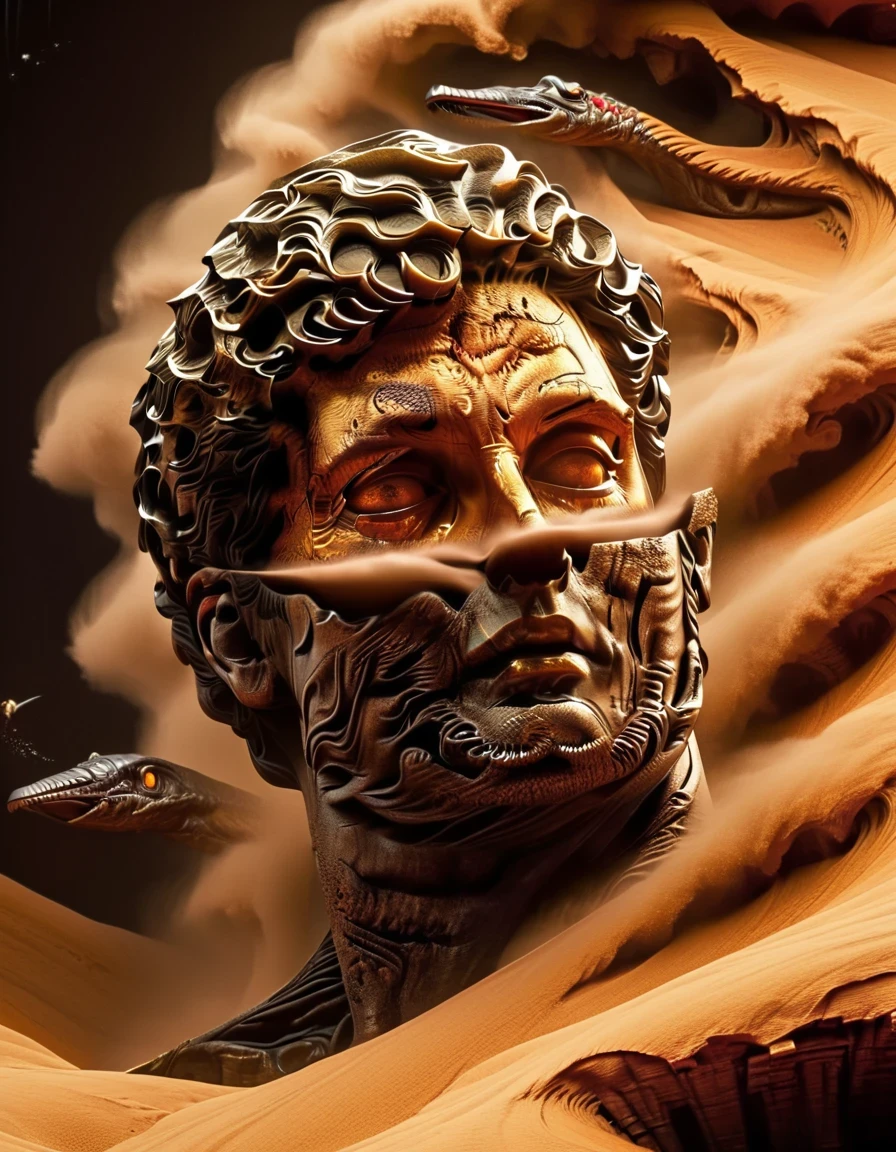Dune movie aesthetics, Dune movie sty.e,Future warrior stands on a giantsandworm and rides through a violent sandstorm, epic scenes