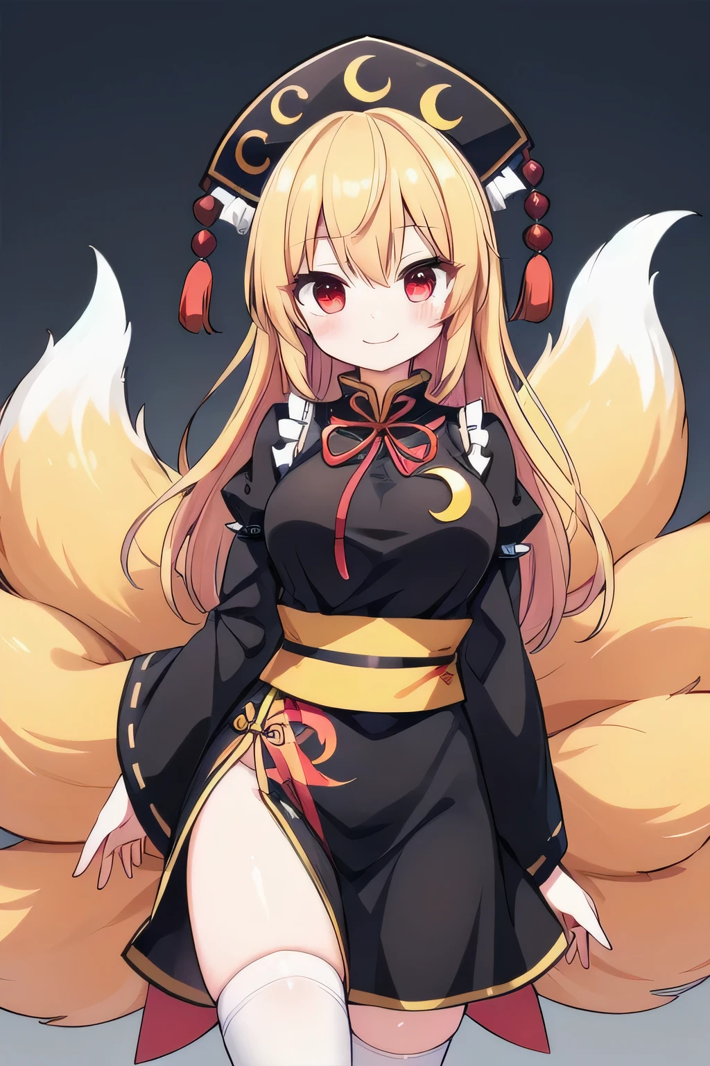 masterpiece, top quality, super detailed, CG illustration, high resolution, better lighting, best shadows, very delicate and beautiful, proper shading, hd, 8k,junko (touhou), 1girl, solo, long hair, breasts, looking at viewer, smile, blonde hair, large breasts, red eyes, thighhighs, long sleeves, hat, dress, tail, wide sleeves, black dress, white thighhighs, sash, blood, fox tail, chinese clothes, crescent, multiple tails, tabard, aura, energy, blood from eyes