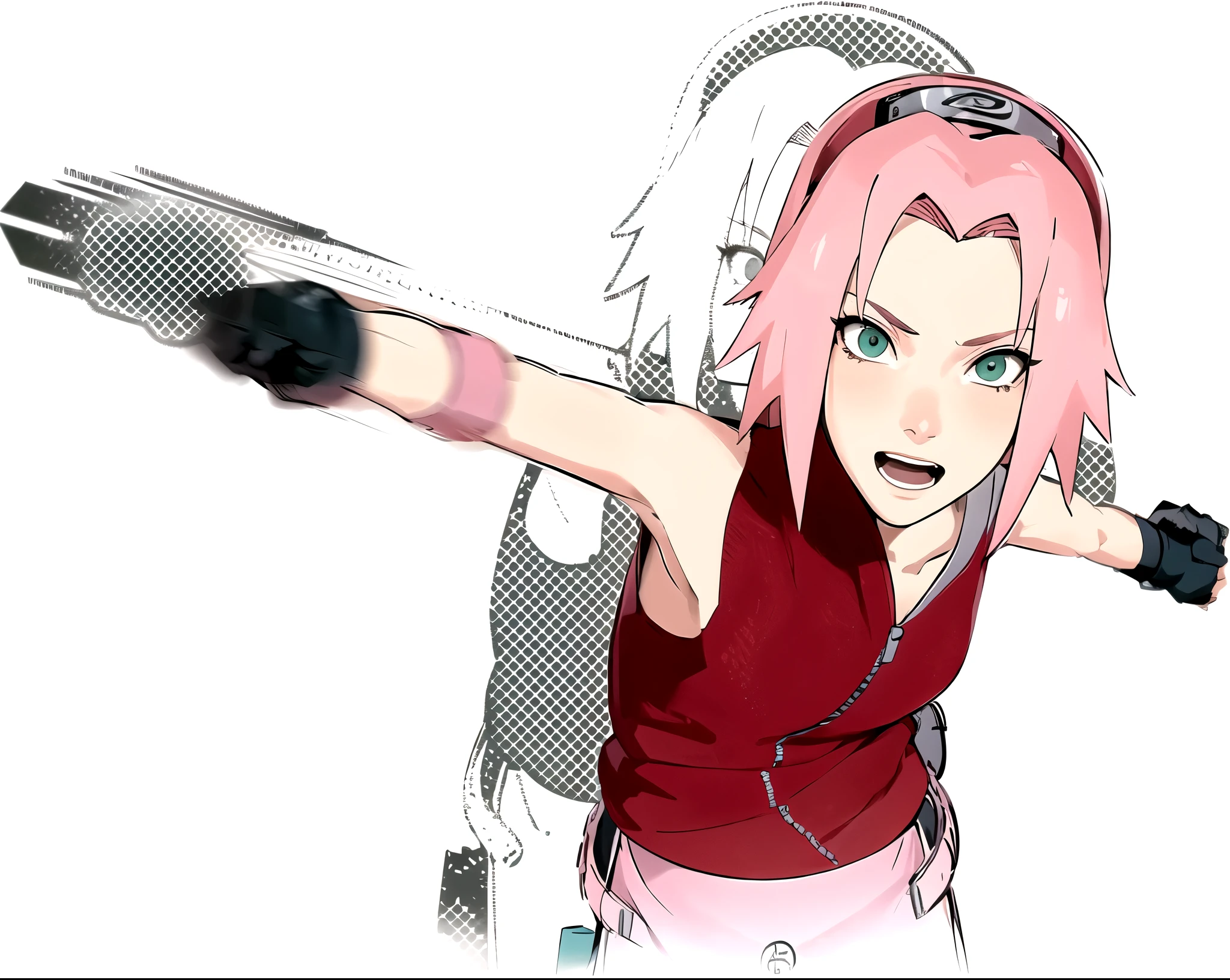 masterpiece, best quality, 1 Girl,Haruno Sakura, Pink Hair, Long hair, Green Eyes, Short sleeve, Upper Body, Looking at the audience, sketch, Smile, Solitary, Simple background