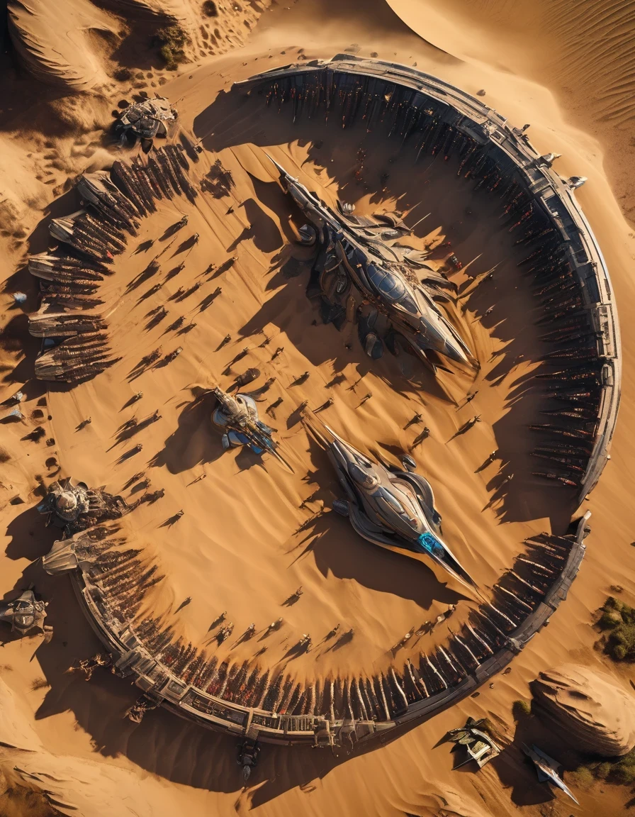 Aerial Photography，Dune movie aesthetics, Dune movie style, Aerial view, two armies fighting,epic scene, epic composition, describing the grand scene of the battl